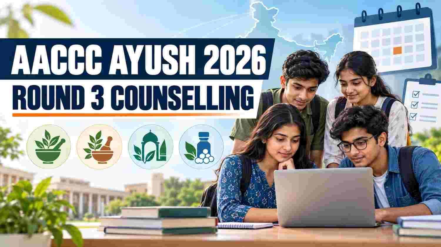 Indian AYUSH applicants checking AACCC NEET-UG 2026 Round 3 counselling details on a laptop.