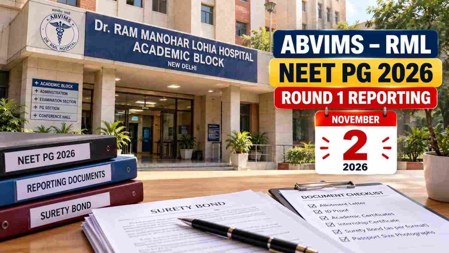 ABVIMS Dr RML Hospital NEET PG 2026 reporting documents and surety bond