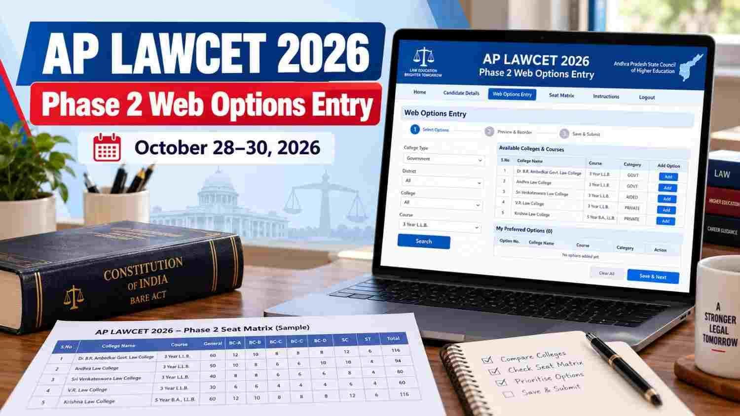 AP LAWCET Phase 2 web options entry portal on a laptop with seat matrix sheet