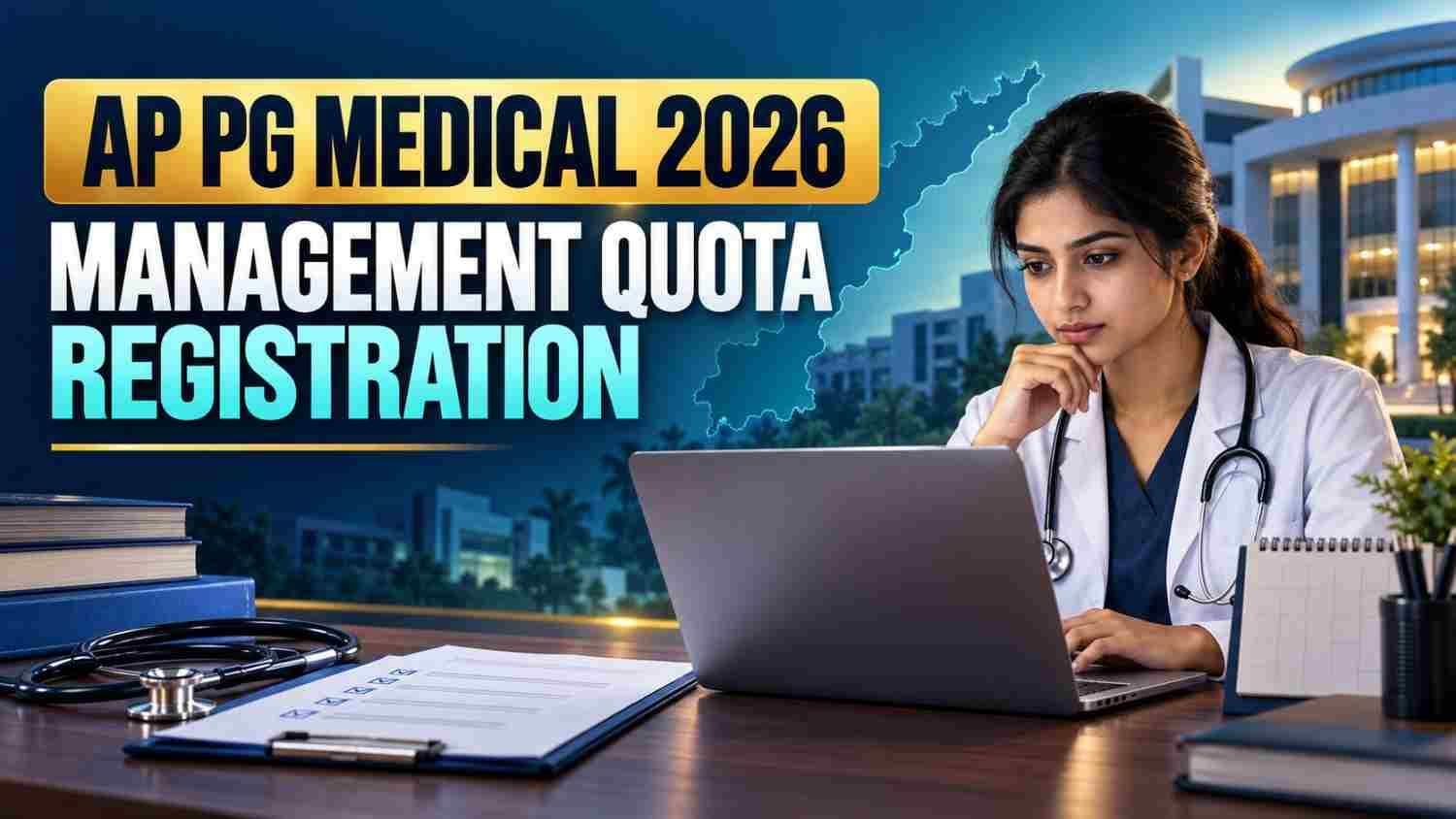 Postgraduate medical applicant completing AP PG Medical 2026 management-quota registration on a laptop.