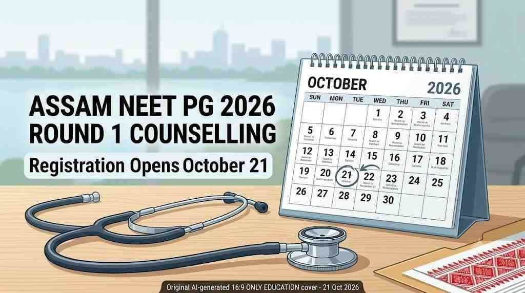Assam NEET PG 2026 Round 1 counselling graphic with a calendar and stethoscope, stating registration opens October 21.