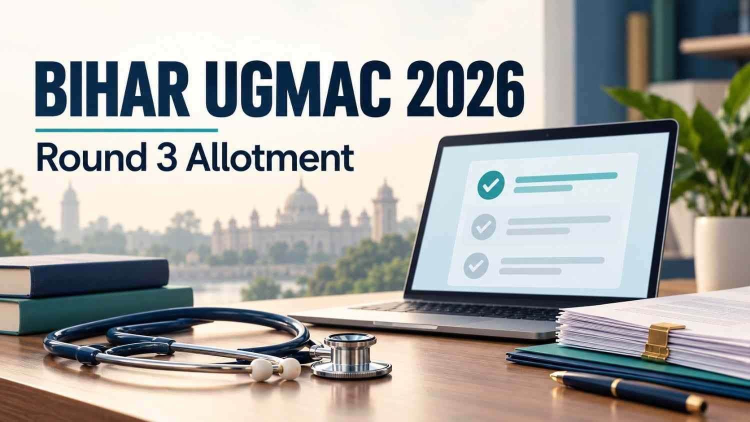 Stethoscope, admission papers and laptop checklist beneath Bihar UGMAC 2026 Round 3 Allotment text.