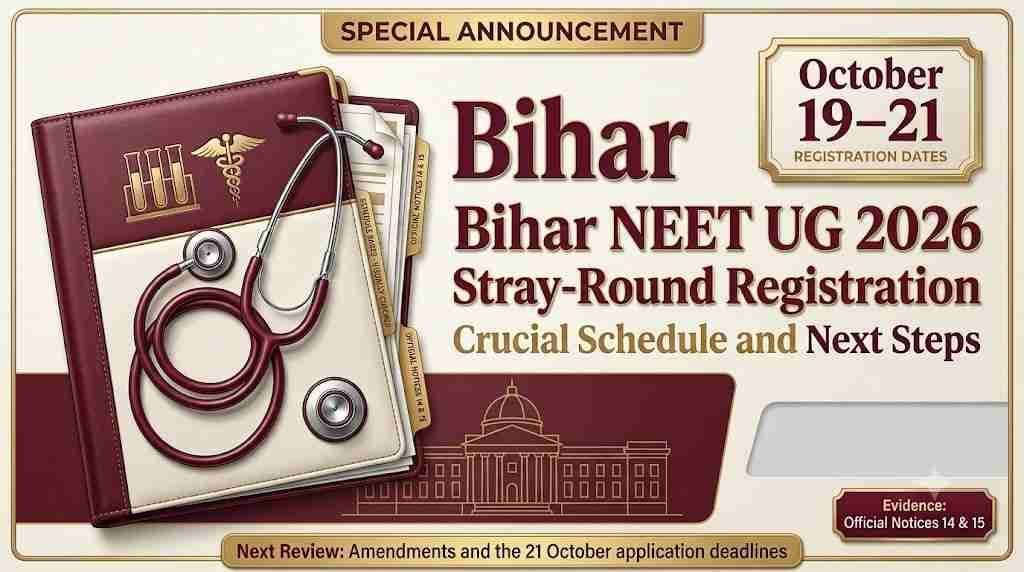 Medical admissions folder and stethoscope beside Bihar NEET UG 2026 Stray Round Registration, October 19–21.