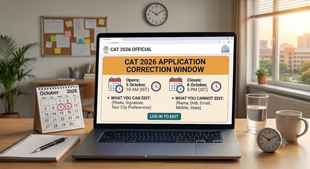 Laptop displaying CAT 2026 application correction window dates and list of editable versus non-editable fields, set on a student's desk with a calendar.