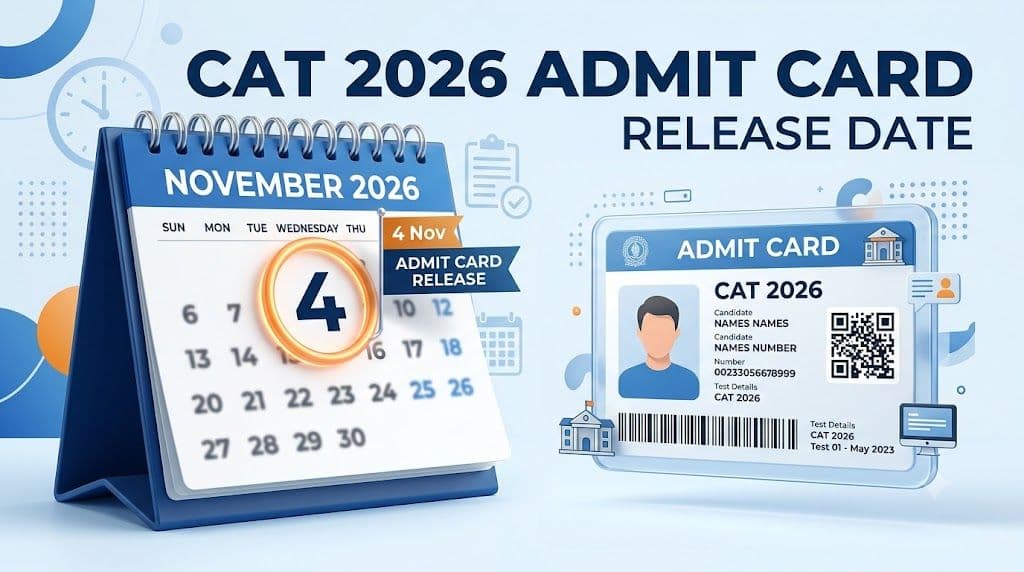 Calendar and admit card graphic showing the CAT 2026 admit card release date of 4 November
