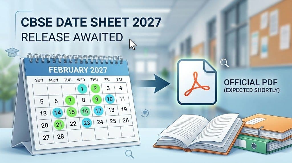 Calendar highlighting February 2027 beside a PDF icon for the CBSE date sheet