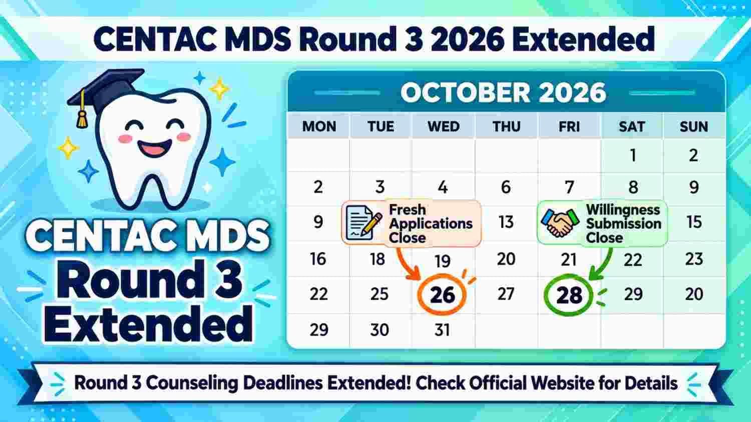 CENTAC NEET-MDS 2026 Round 3 deadlines extended to 26 and 28 October