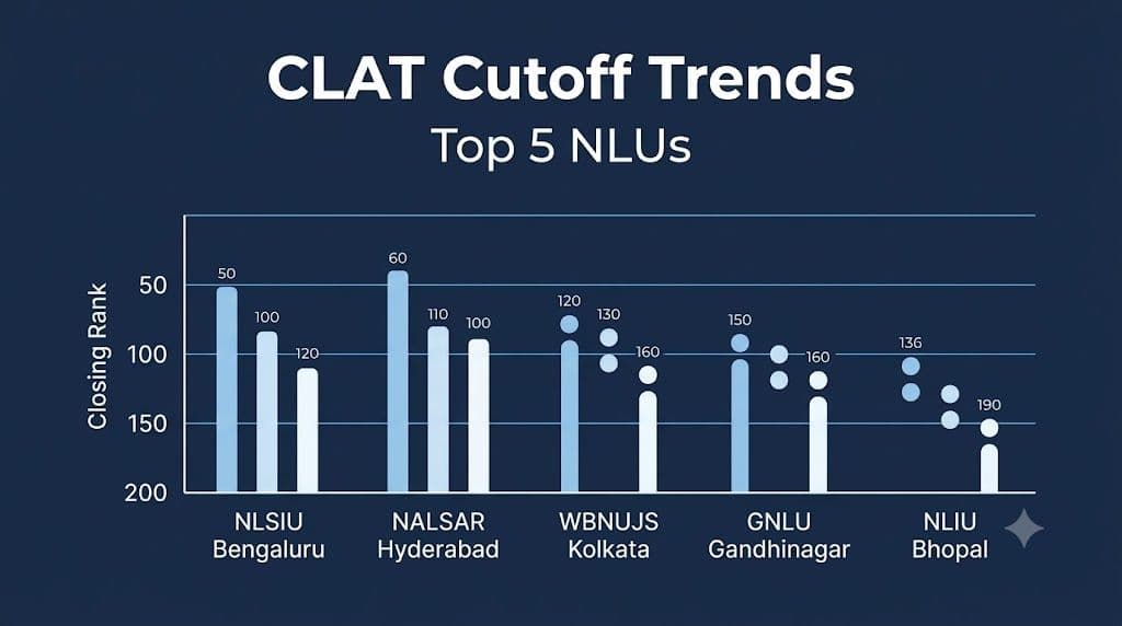 Chart comparing CLAT closing ranks at five top NLUs