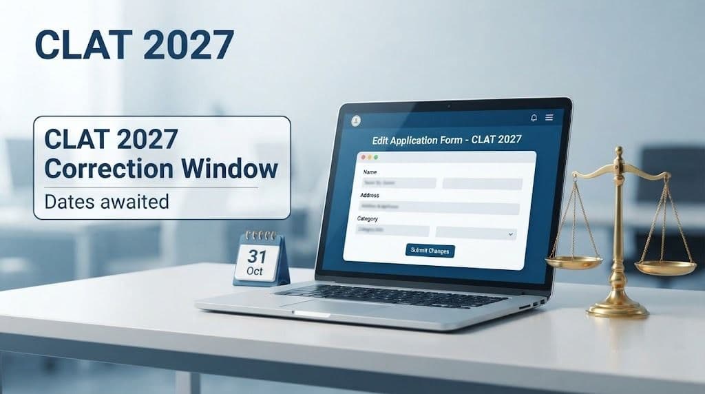 Laptop showing a CLAT 2027 application edit screen beside scales of justice