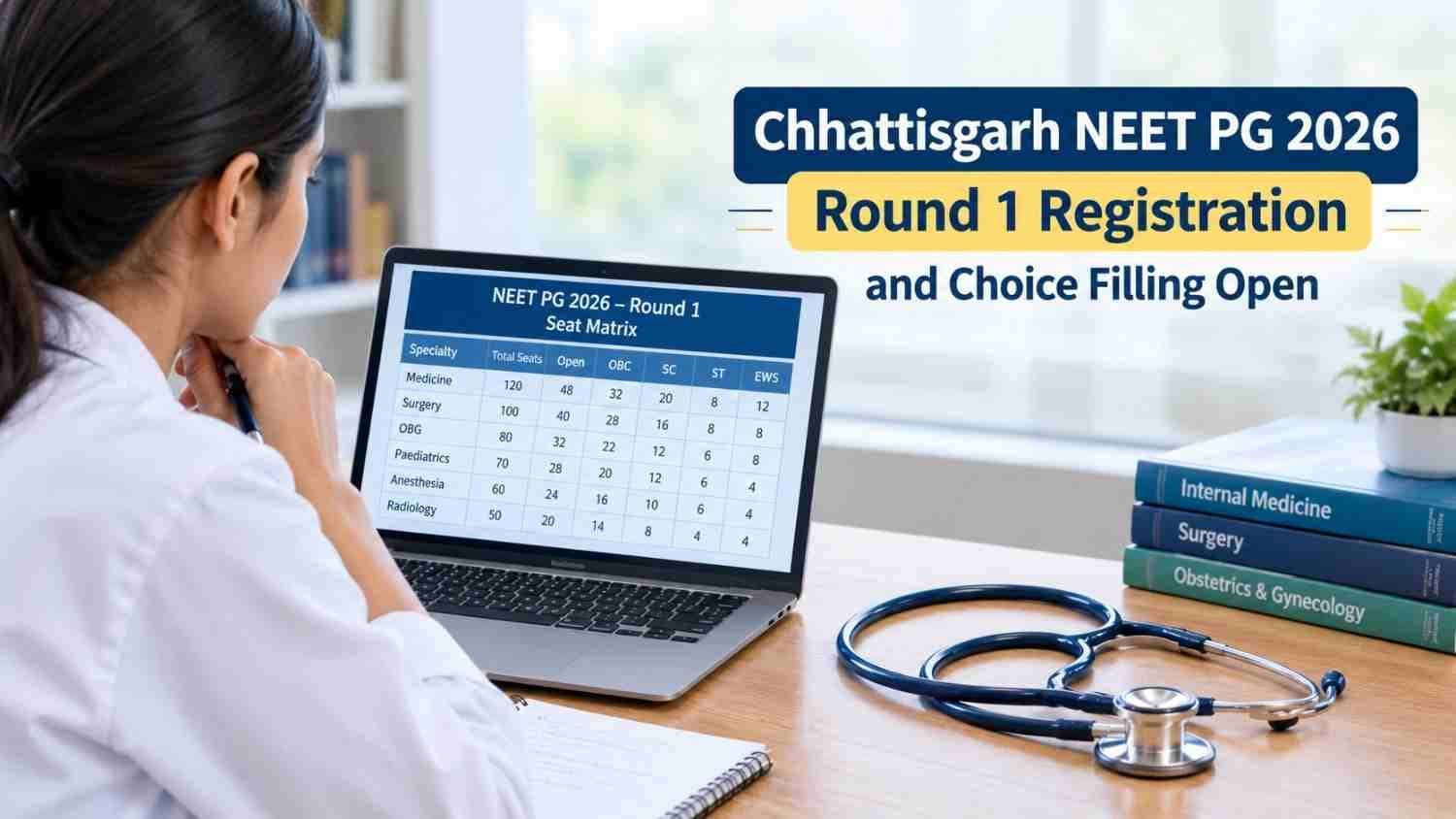 Medical postgraduate aspirant reviewing a Chhattisgarh NEET PG Round 1 seat matrix beside a laptop and stethoscope.