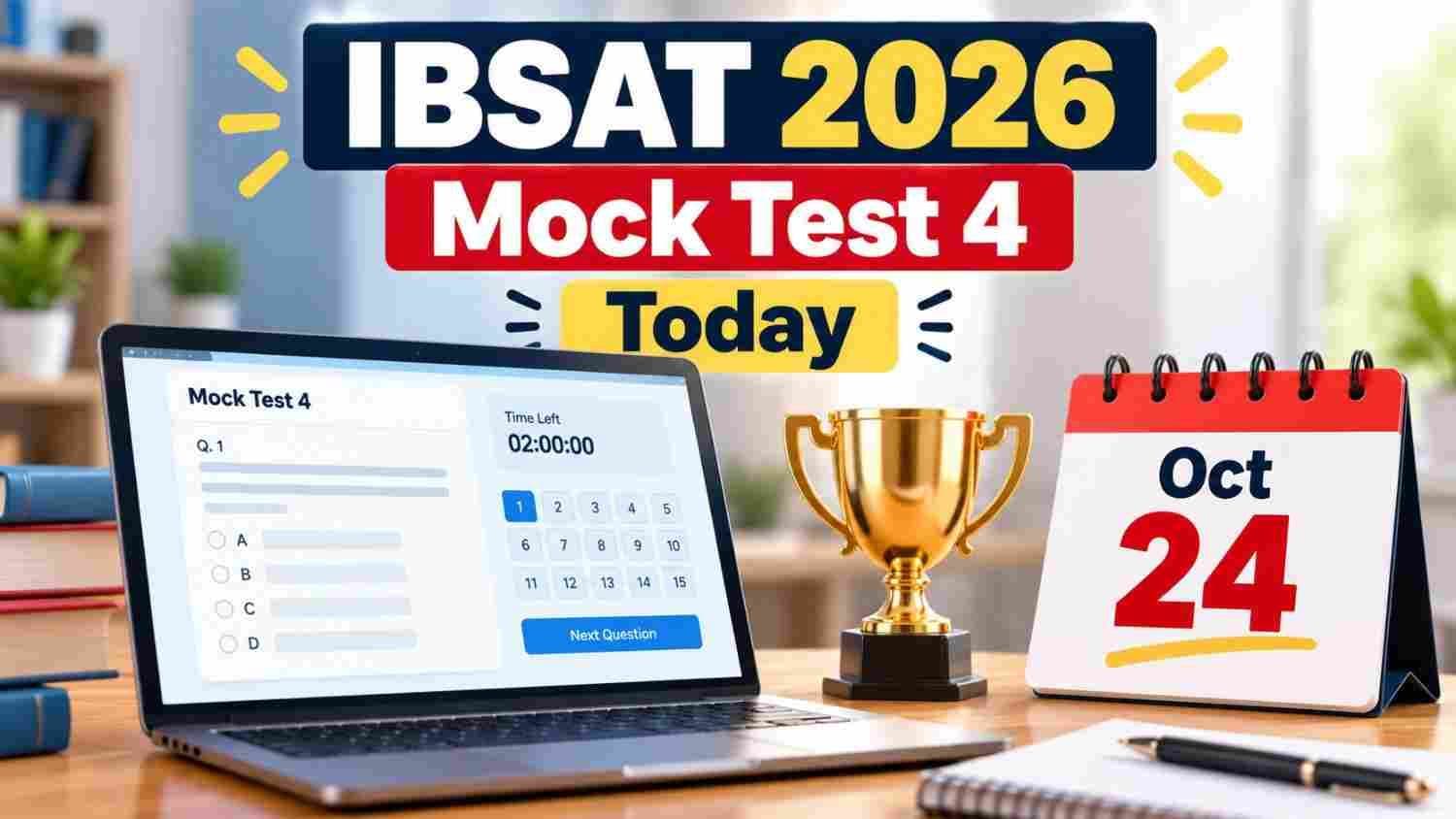 Laptop with a trophy icon and calendar marking October 24 for IBSAT 2026 National Mock Test 4