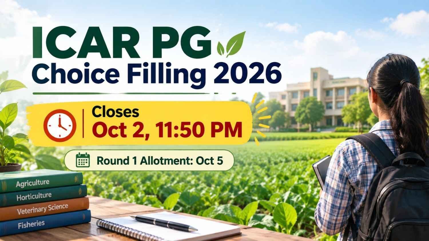 ICAR PG choice filling 2026 last date October 2 counselling schedule