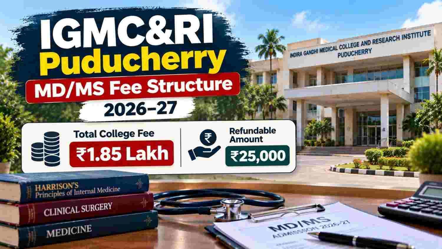 IGMC&RI Puducherry MD/MS fee structure 2026–27 with ₹1.85 lakh total college fee