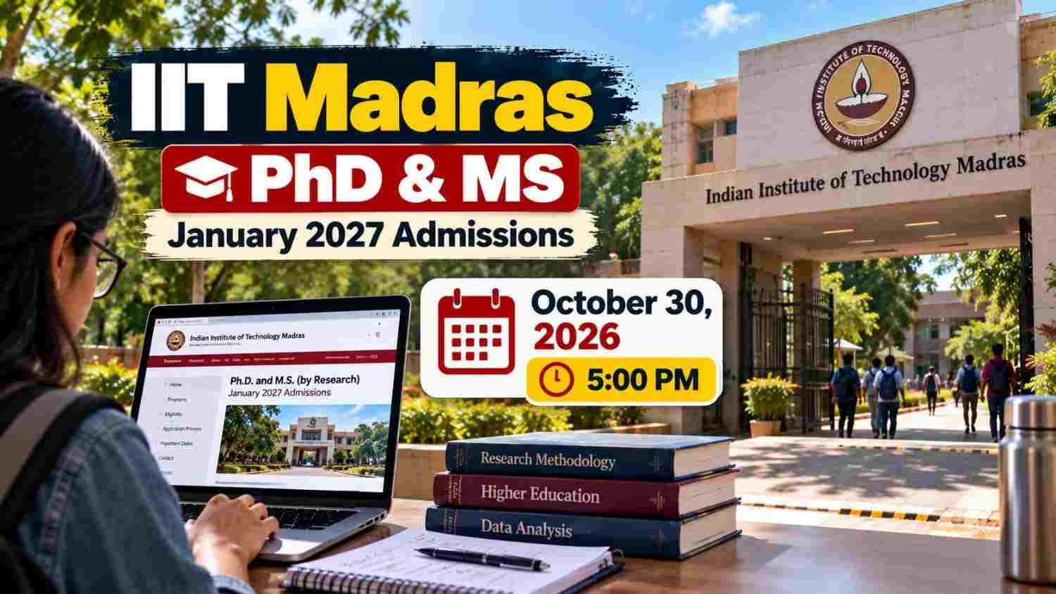 IIT Madras campus with application deadline reminder for PhD and MS January 2027 admissions