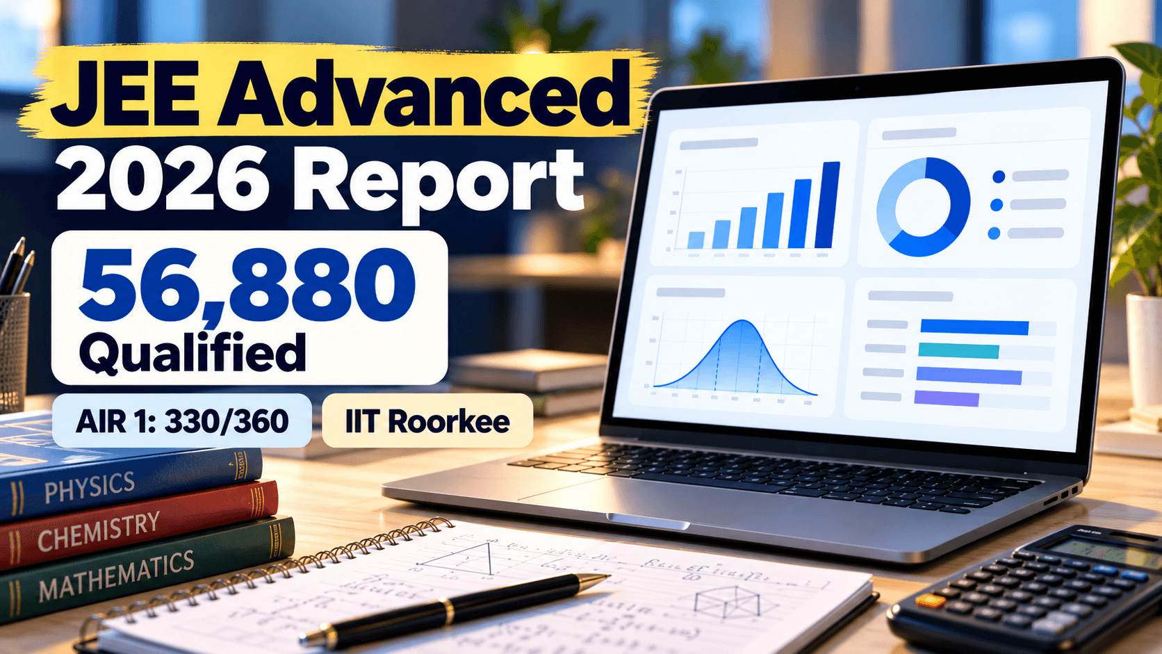 JEE Advanced 2026 report showing 56,880 qualified candidates and AIR 1 score of 330 out of 360