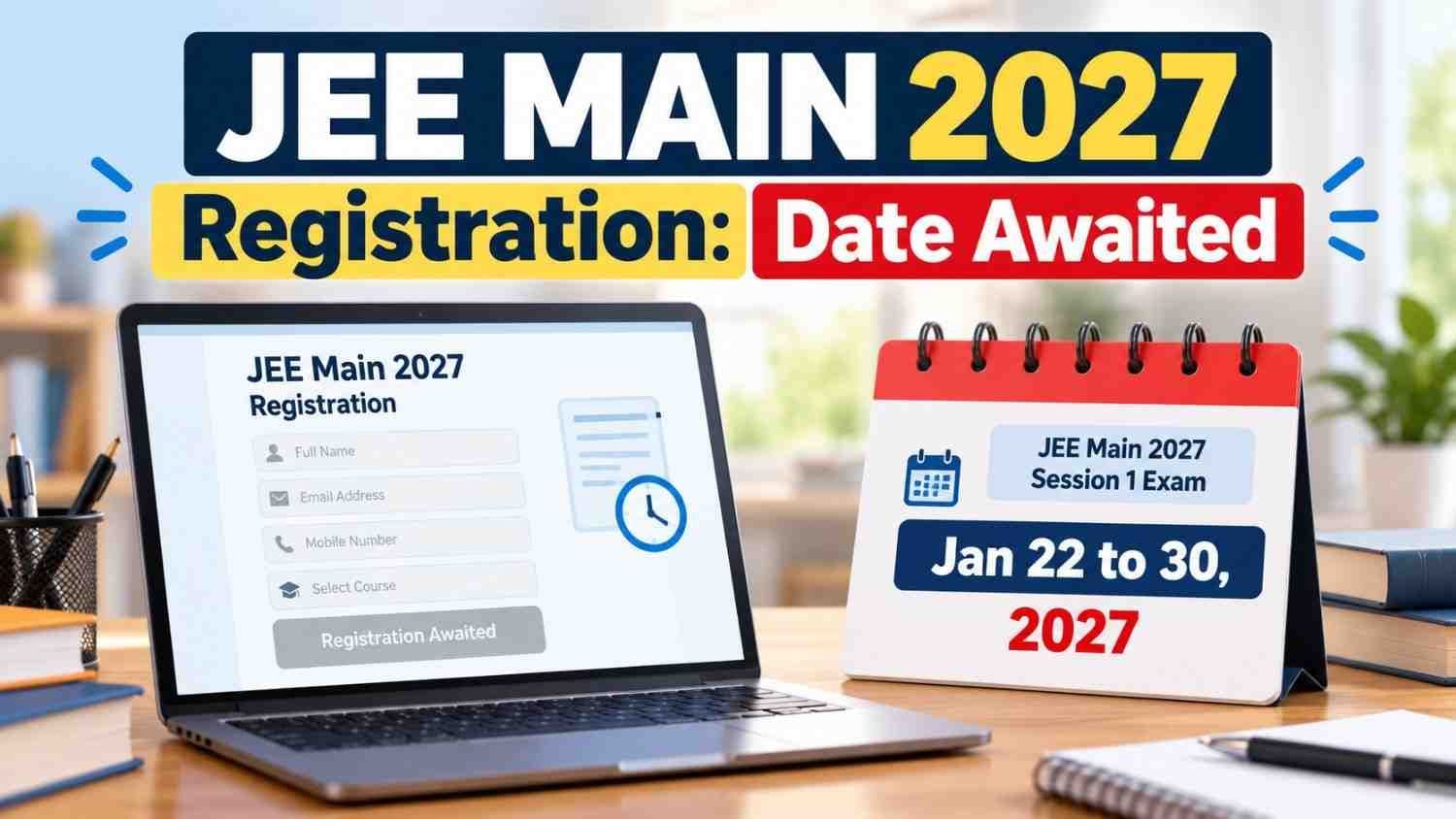 Calendar and laptop showing JEE Main 2027 registration awaited with Session 1 in January 2027