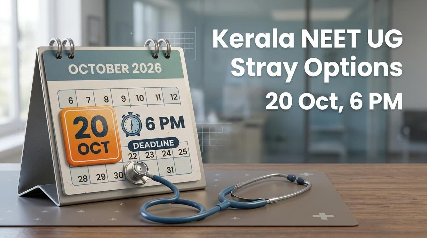Calendar graphic showing the 20 October 6 PM deadline for Kerala NEET UG 2026 stray vacancy option registration