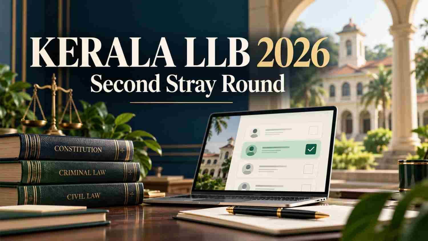 Law books, scales and laptop checklist beneath Kerala LLB 2026 Second Stray Round text.
