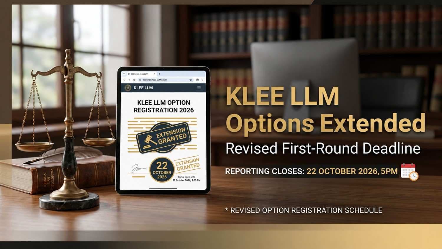 KLEE LLM counselling 2026 first-round option registration extended to 22 October