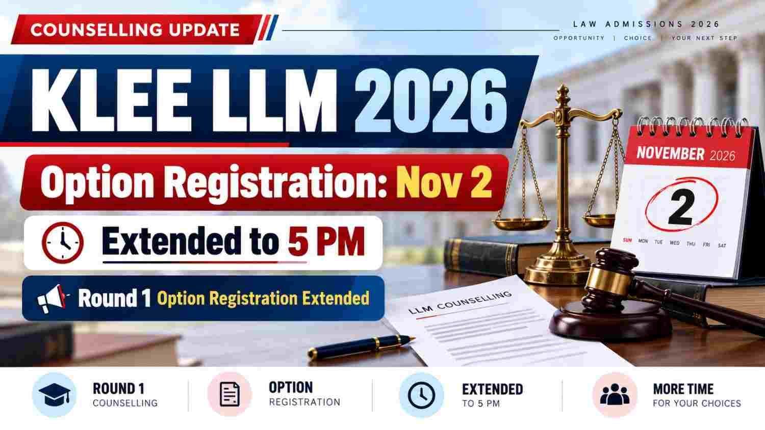 Graphic showing KLEE LLM 2026 Round 1 option registration extended to 2 November
