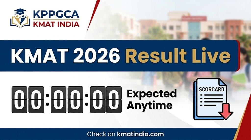 A graphic announcing the KMAT 2026 result for the September 20 exam, with text indicating it's expected anytime on kmatindia.com and showing an illustrative scorecard download icon.