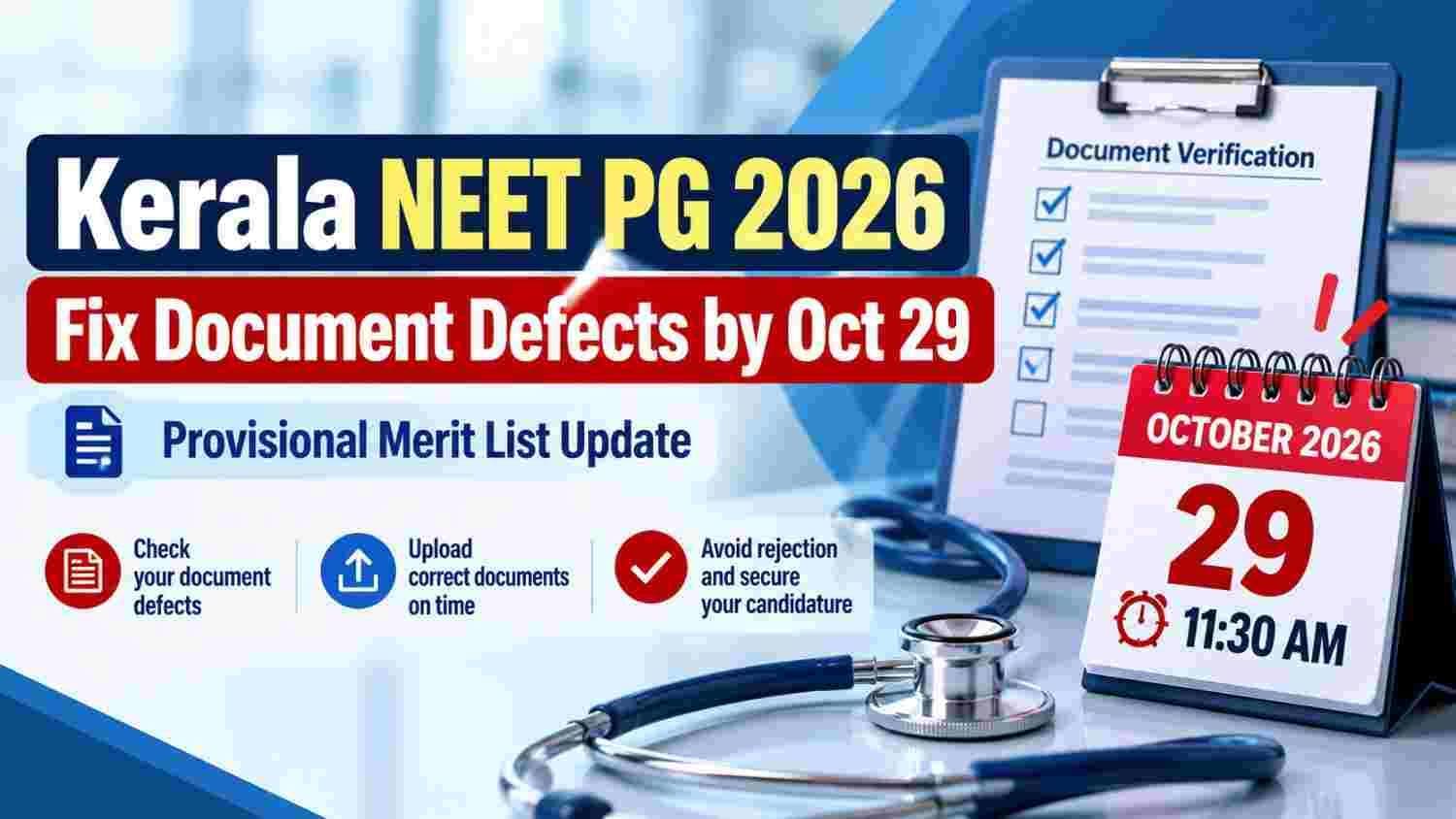 Graphic showing Kerala NEET PG 2026 provisional merit list and October 29 document defect deadline