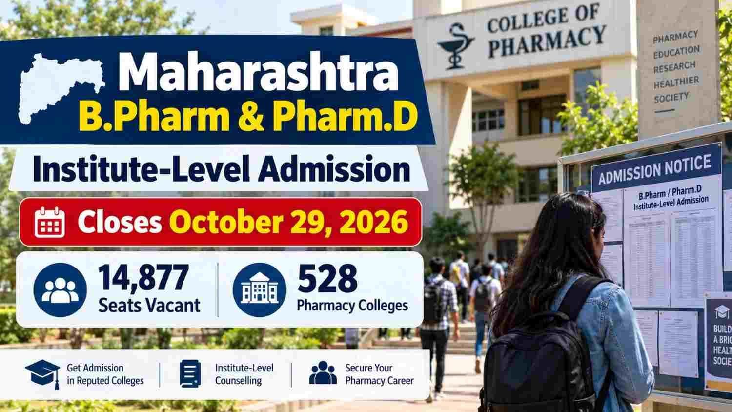 Maharashtra B.Pharm and Pharm.D institute-level admission closes October 29, 2026