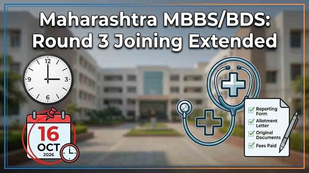 Maharashtra MBBS BDS CAP round 3 joining extended to 16 October 3 PM