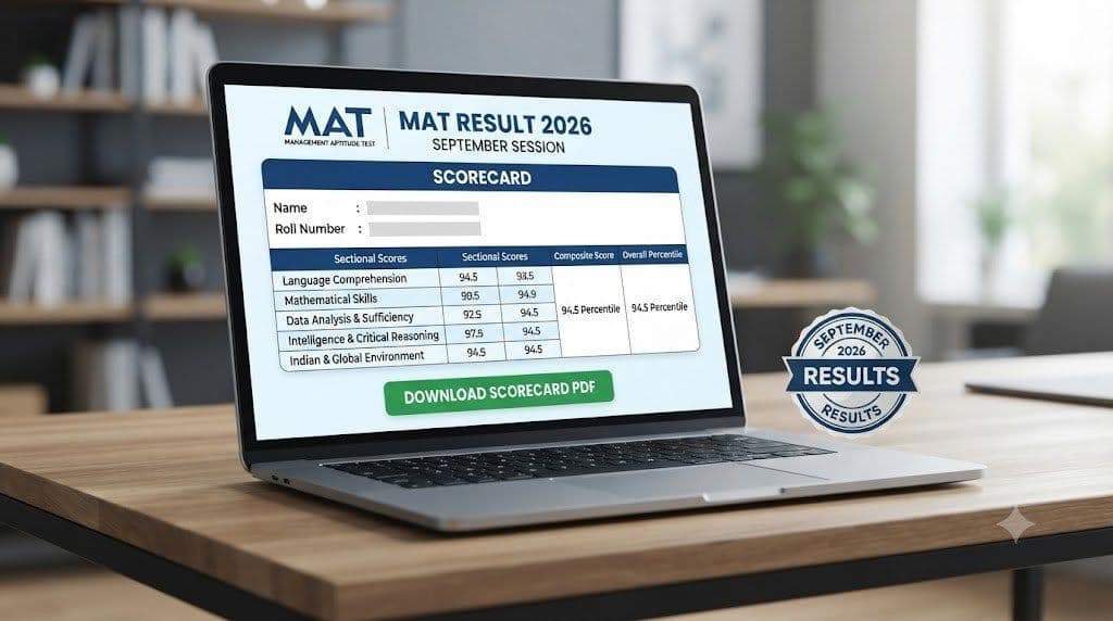 Laptop showing a MAT 2026 scorecard download screen