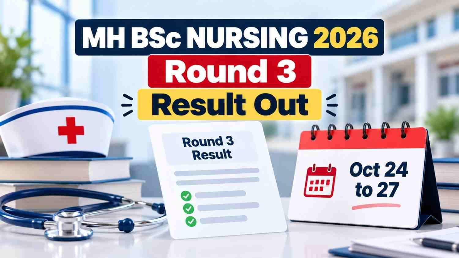 Nursing icon with a result document and calendar showing October 24 to 27 for MH BSc Nursing Round 3