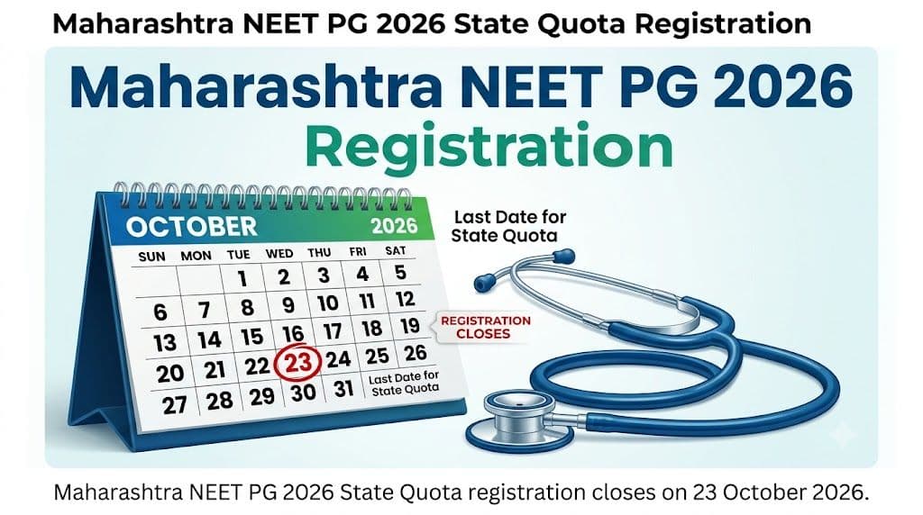 Calendar and stethoscope graphic for Maharashtra NEET PG 2026 State Quota registration last date 23 October