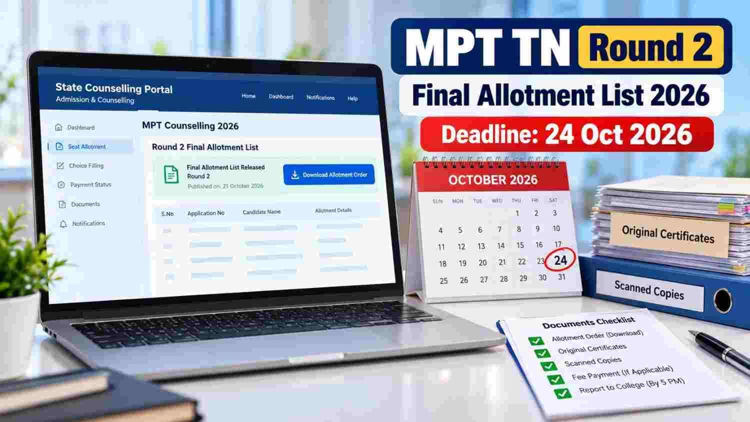 MPT Tamil Nadu Round 2 final allotment list 2026 — download order by 24 October 3 PM