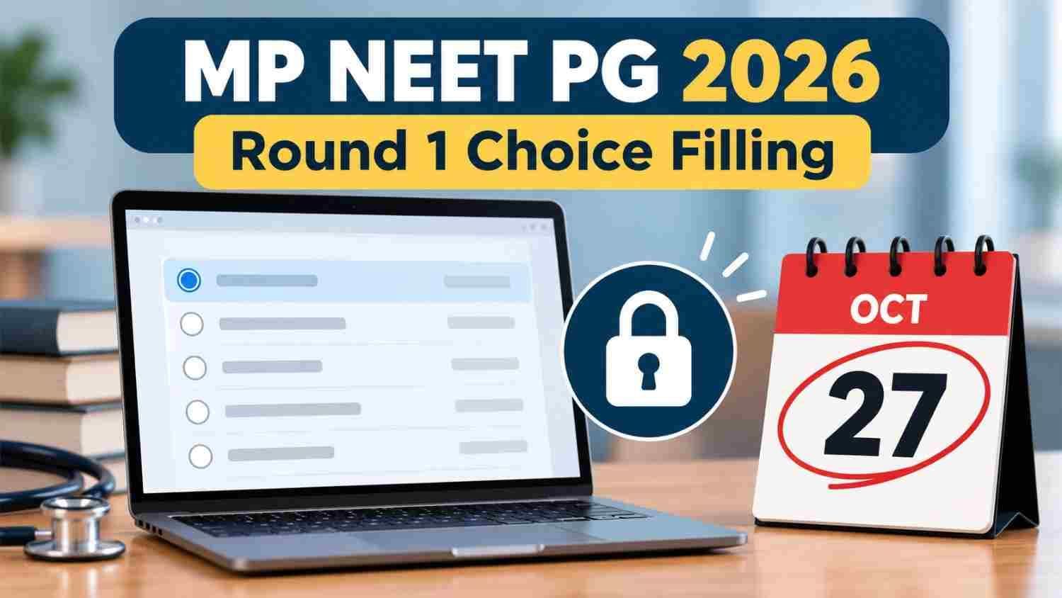 Laptop with a lock icon and calendar marking October 27 for MP NEET PG 2026 round 1 choice filling