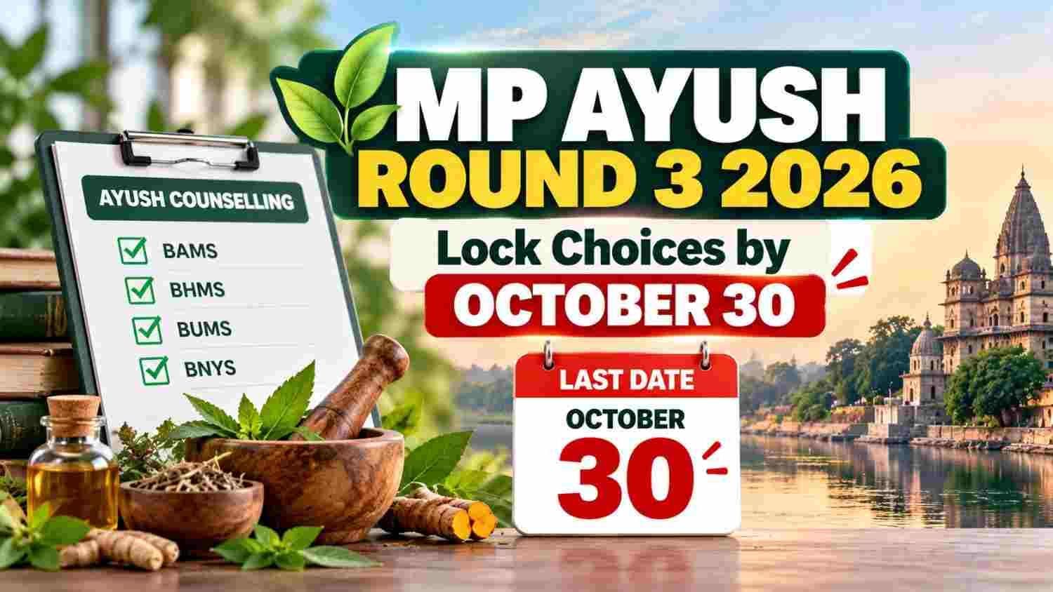 Graphic showing MP AYUSH counselling 2026 Round 3 choice filling deadline on 30 October