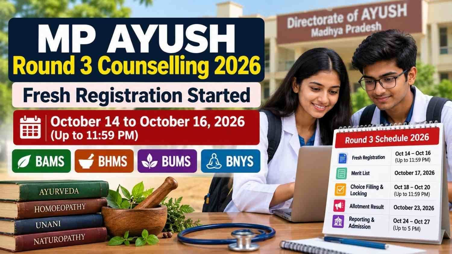 Indian students checking the MP AYUSH NEET-UG 2026 Round 3 counselling registration online.