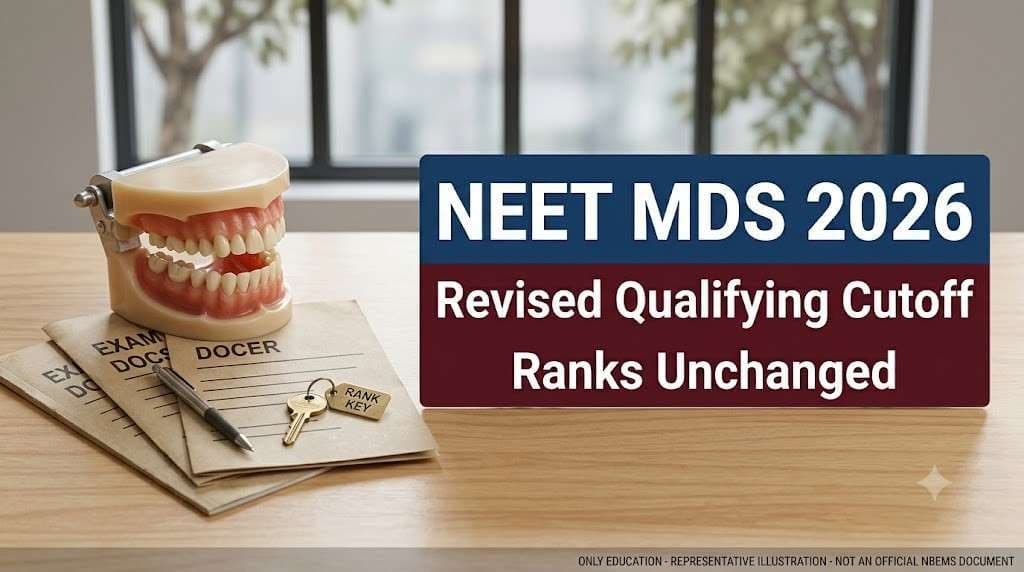Dental model and exam desk beside the words NEET MDS 2026, Revised Qualifying Cutoff, Ranks Unchanged.
