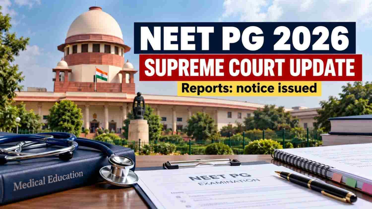 Illustrated Supreme Court building and medical-exam materials with “NEET PG 2026: Supreme Court update — Reports: notice issued”
