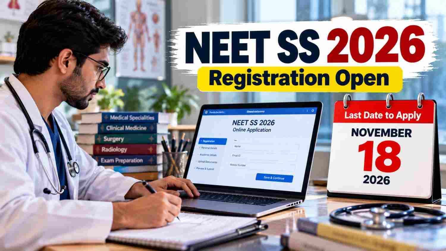 Doctor filling NEET SS 2026 online application with last date November 18 highlighted