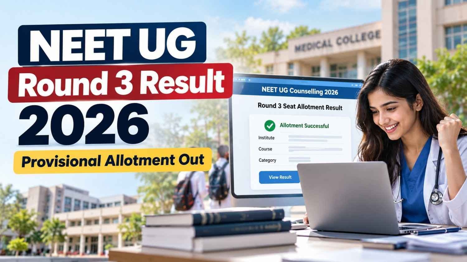 Graphic announcing NEET UG Round 3 seat allotment result 2026 on mcc.nic.in