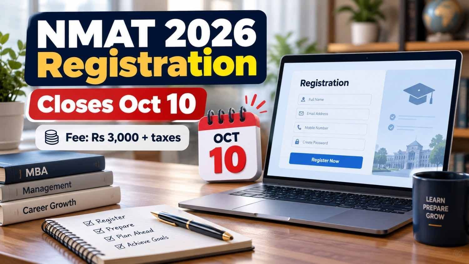 Graphic showing NMAT 2026 registration last date October 10 2026