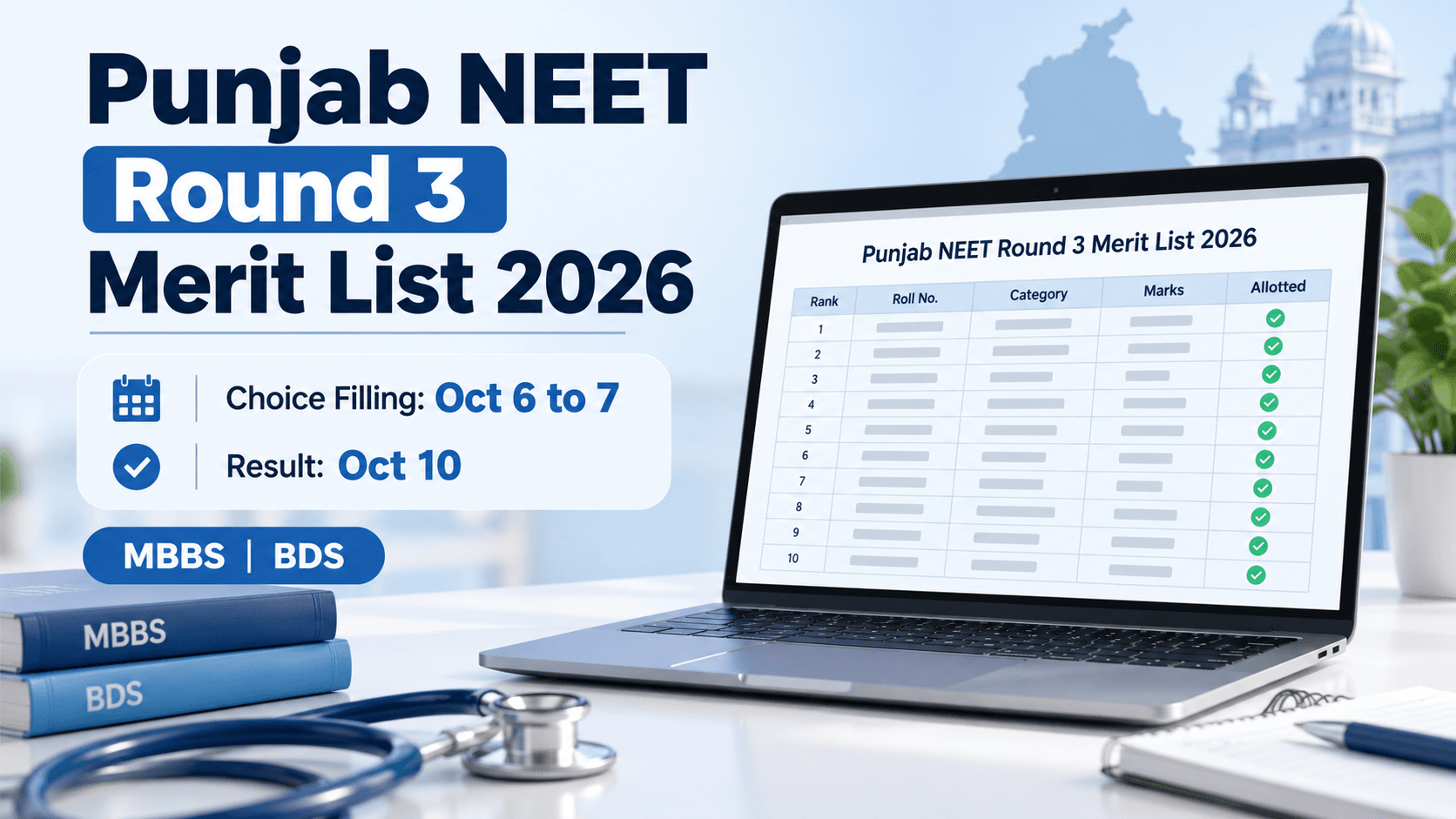 Punjab NEET Round 3 merit list 2026 with choice filling and seat allotment dates