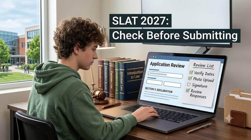 Illustration of a student reviewing an online application with a registration checklist