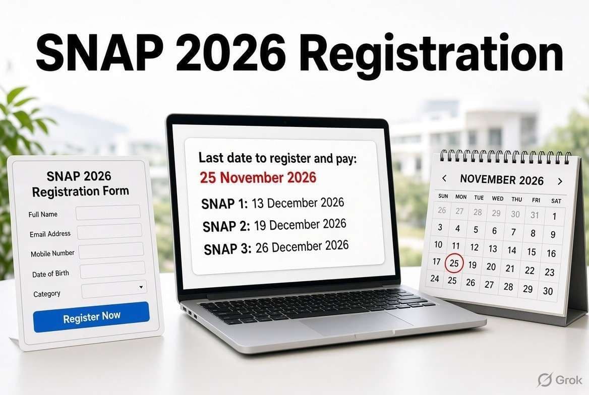 Laptop showing the SNAP 2026 registration form beside a calendar marked 25 November