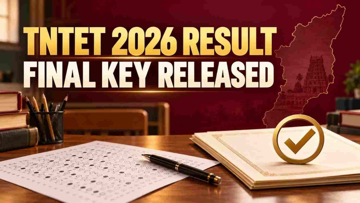 TNTET 2026 result and final answer key cover with an answer sheet, certificate and Tamil Nadu outline