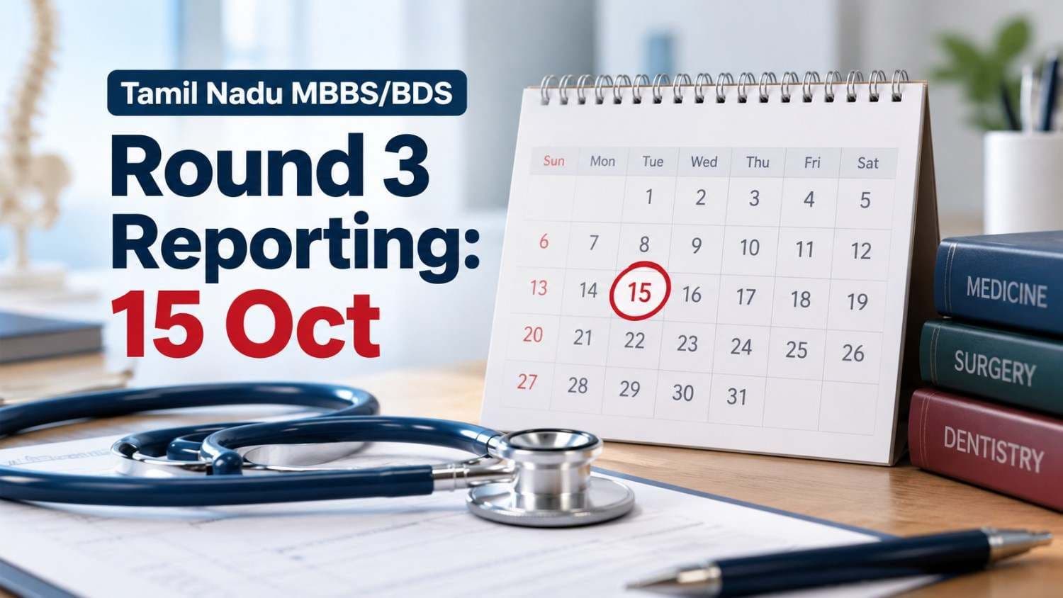 Calendar and stethoscope graphic showing Tamil Nadu MBBS BDS Round 3 reporting extended to 15 October 2026 