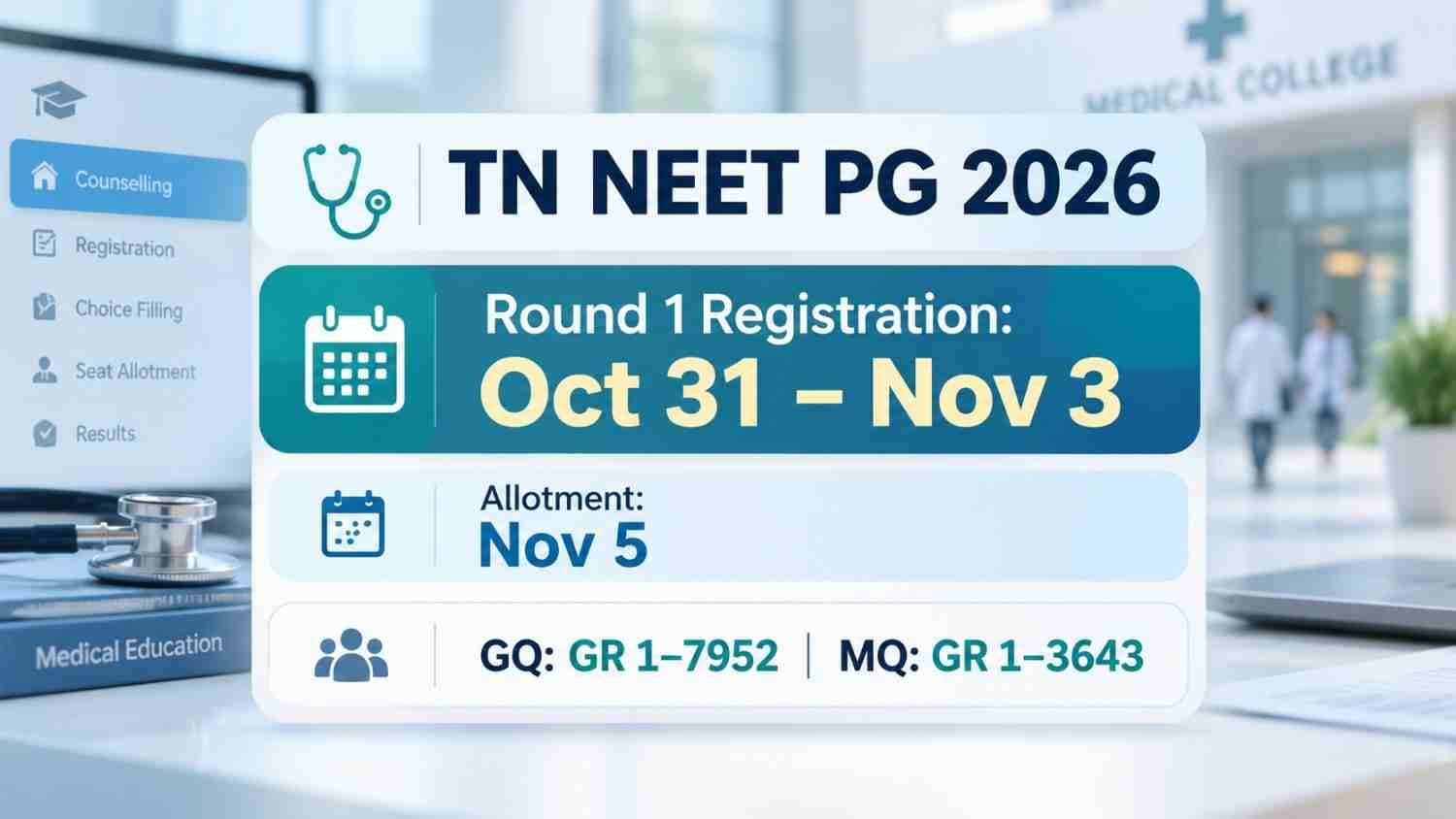 Tamil Nadu NEET PG 2026 Round 1 registration and choice filling from October 31 to November 3; allotment November 5