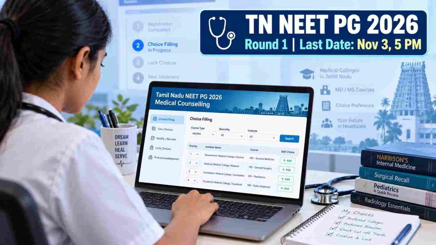 Tamil Nadu NEET PG 2026 Round 1 counselling registration and choice filling last date November 3."