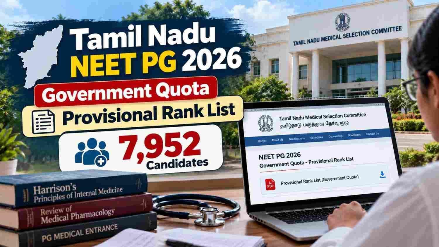  Tamil Nadu NEET PG 2026 government-quota provisional rank list with 7,952 candidates