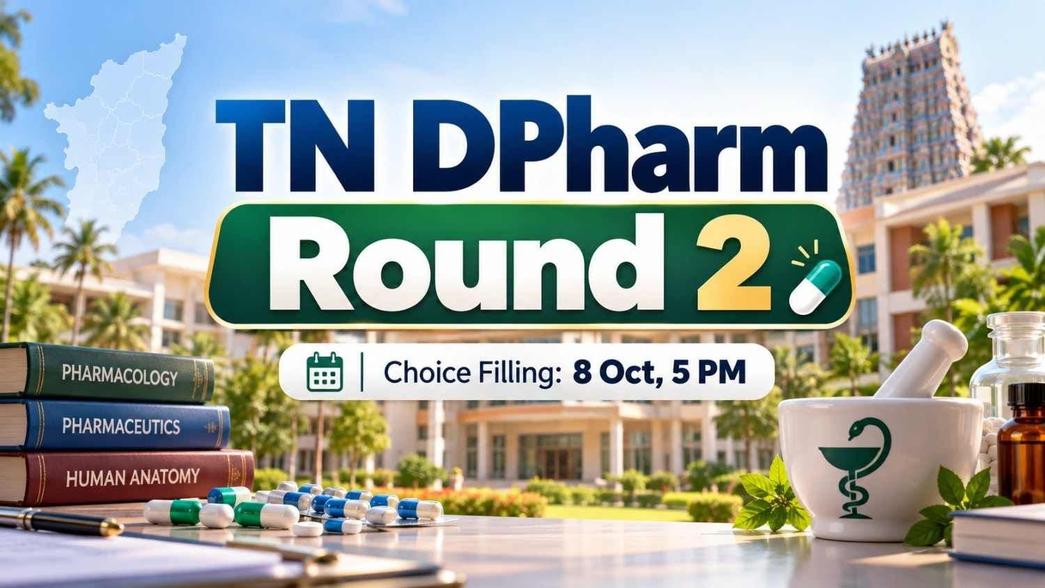 Graphic showing Tamil Nadu DPharm Round 2 choice filling last date 8 October 2026