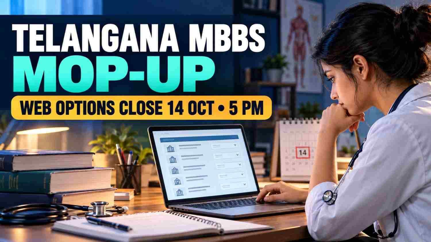 Medical aspirant reviewing Telangana MBBS 2026 mop-up web options before the October 14 deadline